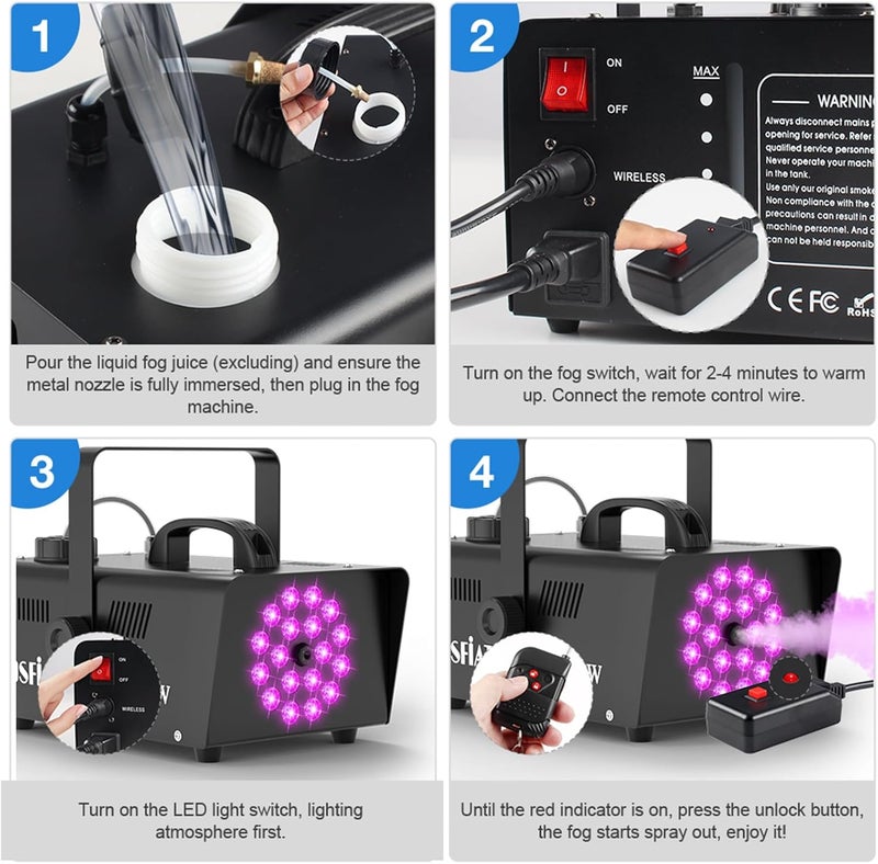MOSFiATA 1200W Fog Machine, Smoke Machine with 18LED Lights and 6000CFM Fog with Wireless Remote Control Perfect for Wedding, Festival, Party and Stage Effect - Image 3